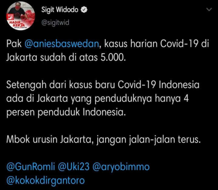 Cuitan Sigit PSI yang menyentil Anies Baswedan soal kasus Covid-19 di Jakarta sudah mencapai 5.000.