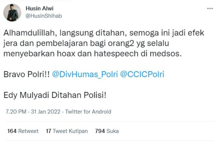 Husin Shihab bersyukur usai Edy Mulyadi akhirnya ditahan atas kasus ujaran kebencian yang menyinggung warga Kalimantan.*