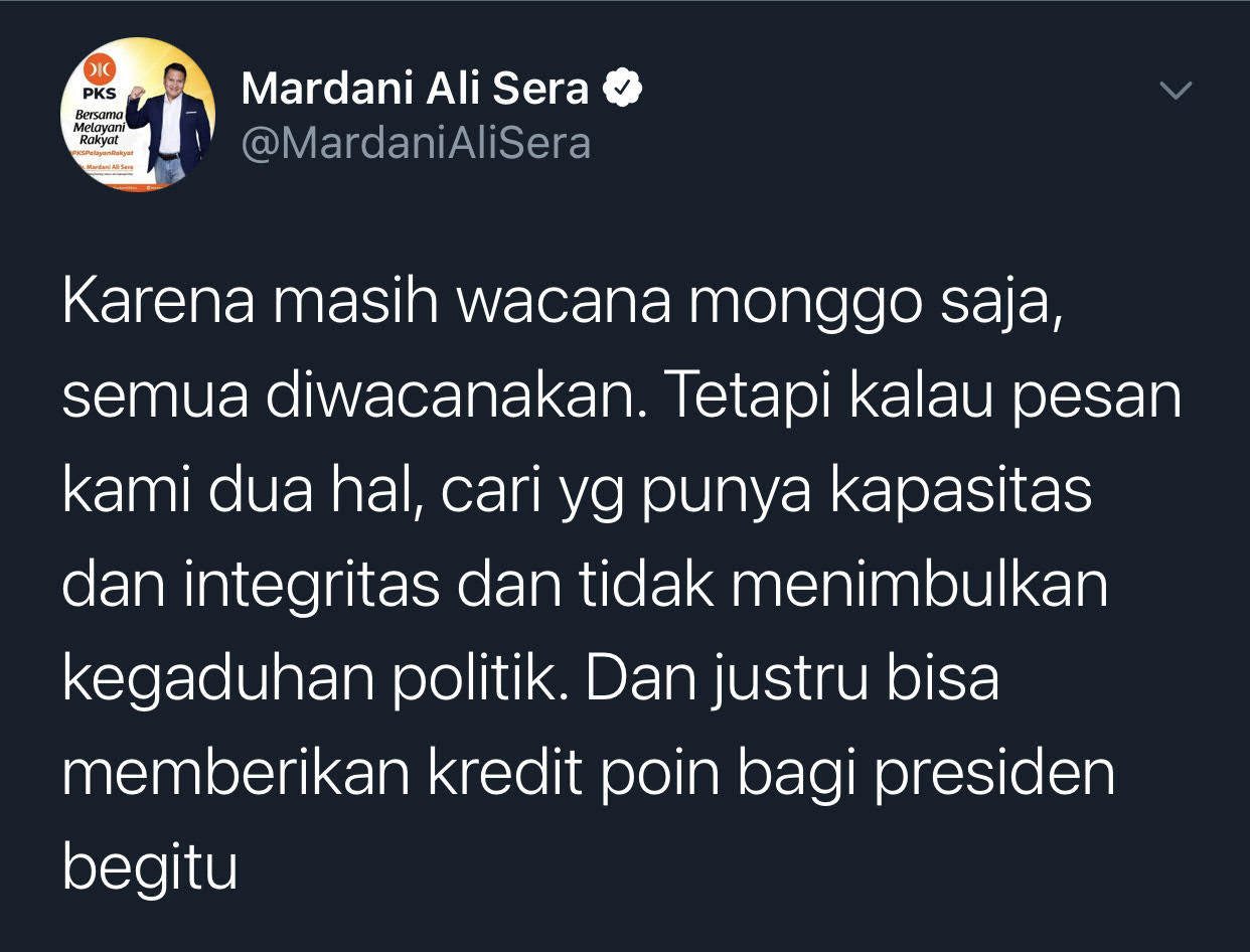 Cuitan Politisi PKS, Mardani Ali Sera menyoroti tokoh calon Kepala Otorita IKN Nusantara.