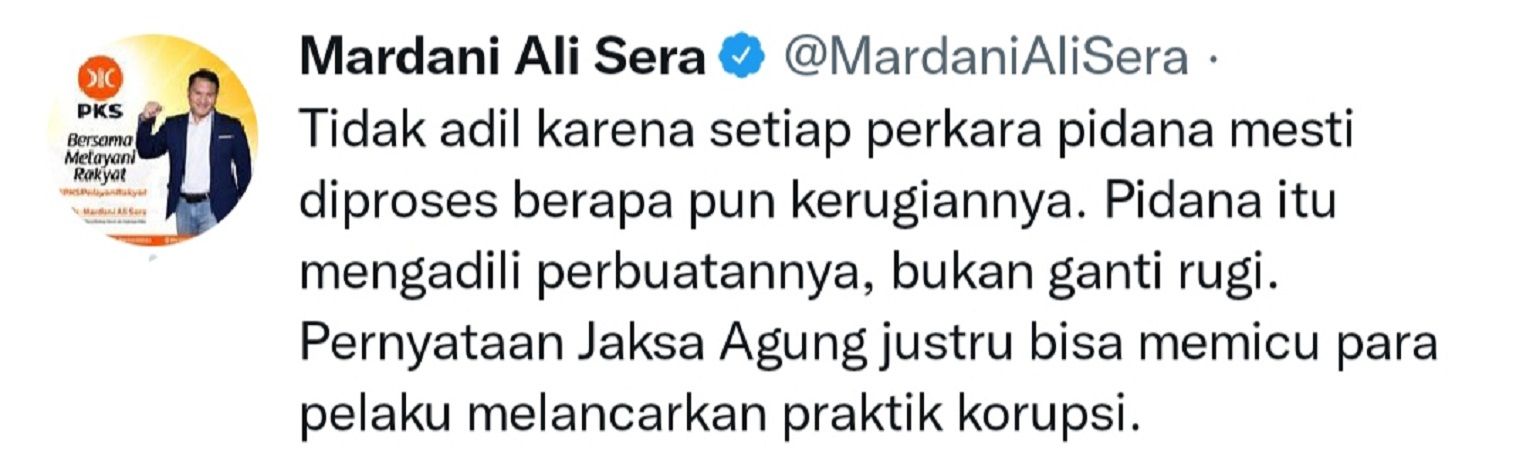 Cuitan Mardani Ali Sera menanggapi pernyataan Kejagung.