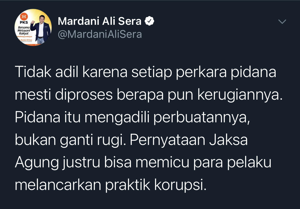 Cuitan Mardani Ali soal pernyataan Jaksa Agung Burhanuddin yang sebut maling uang rakyat di bawah Rp50 juta cukup kembalikan nominal kerugian negara.