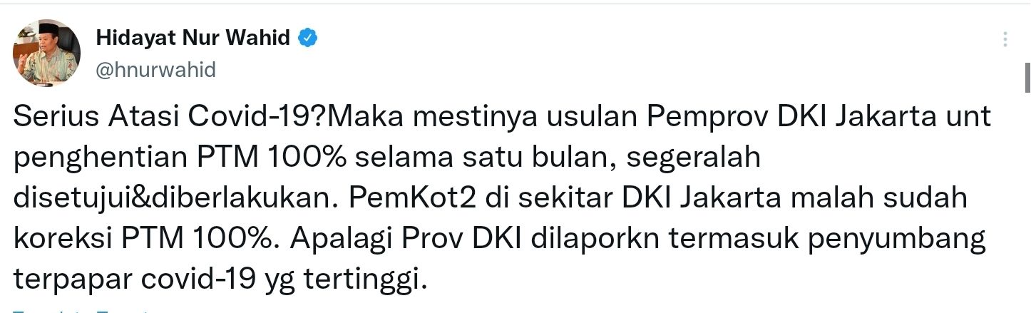Hidayat Nur Wahid meminta agar Luhut mengabulkan permintaaan Anies Baswedan untuk menghentikan PTM 100 persen di Jakarta.*
