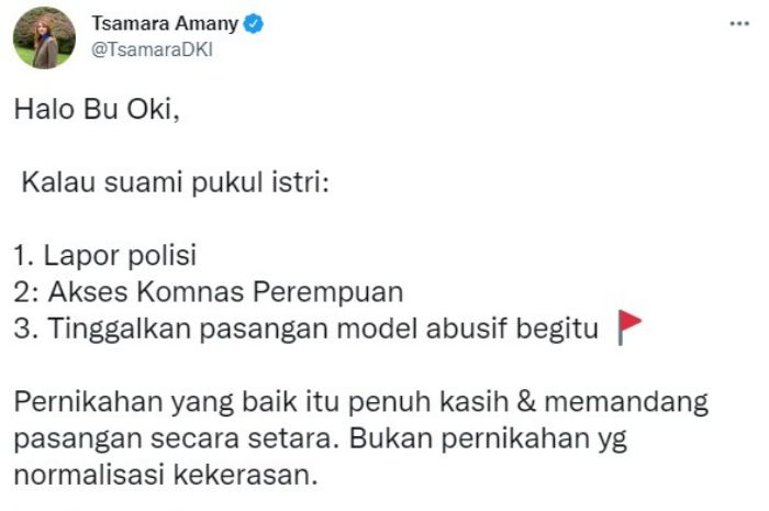 Tsamara Amany menanggapi pernyataan Oki Setiana Dewi perihal KDRT.