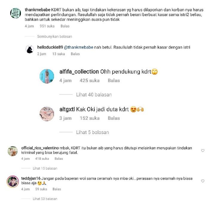 Kolom komentar Instagram dalam unggahan Oki Setiana Dewi.