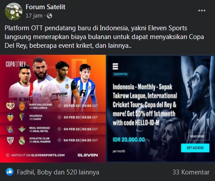 Forum Satelit Konfirmasi Eleven Sports Dapat Hak Siar Copa del Rey 2021-2022 di Indonesia