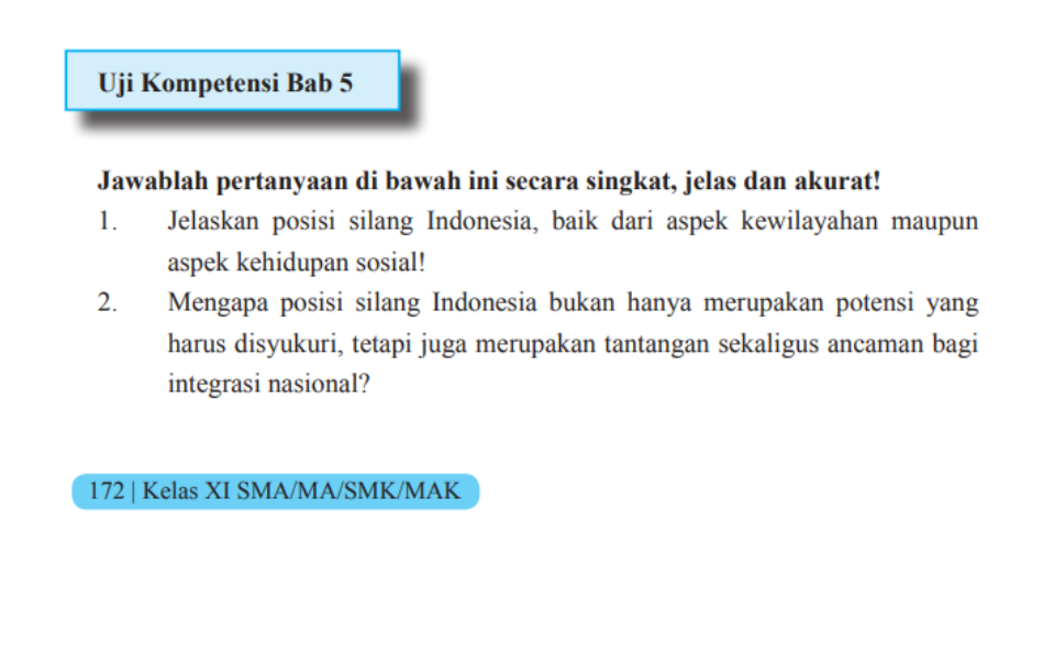 Kunci jawaban PKN kelas 11 halaman 172-173, Uji Kompetensi Bab 5 ancaman integrasi nasional NKRI.
