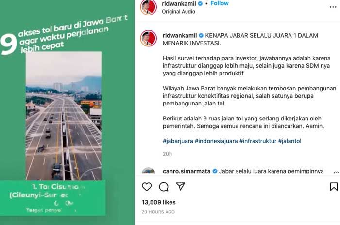 Unggahan Ridwan Kamil soal Jawa Barat yang sukses menarik investasi.