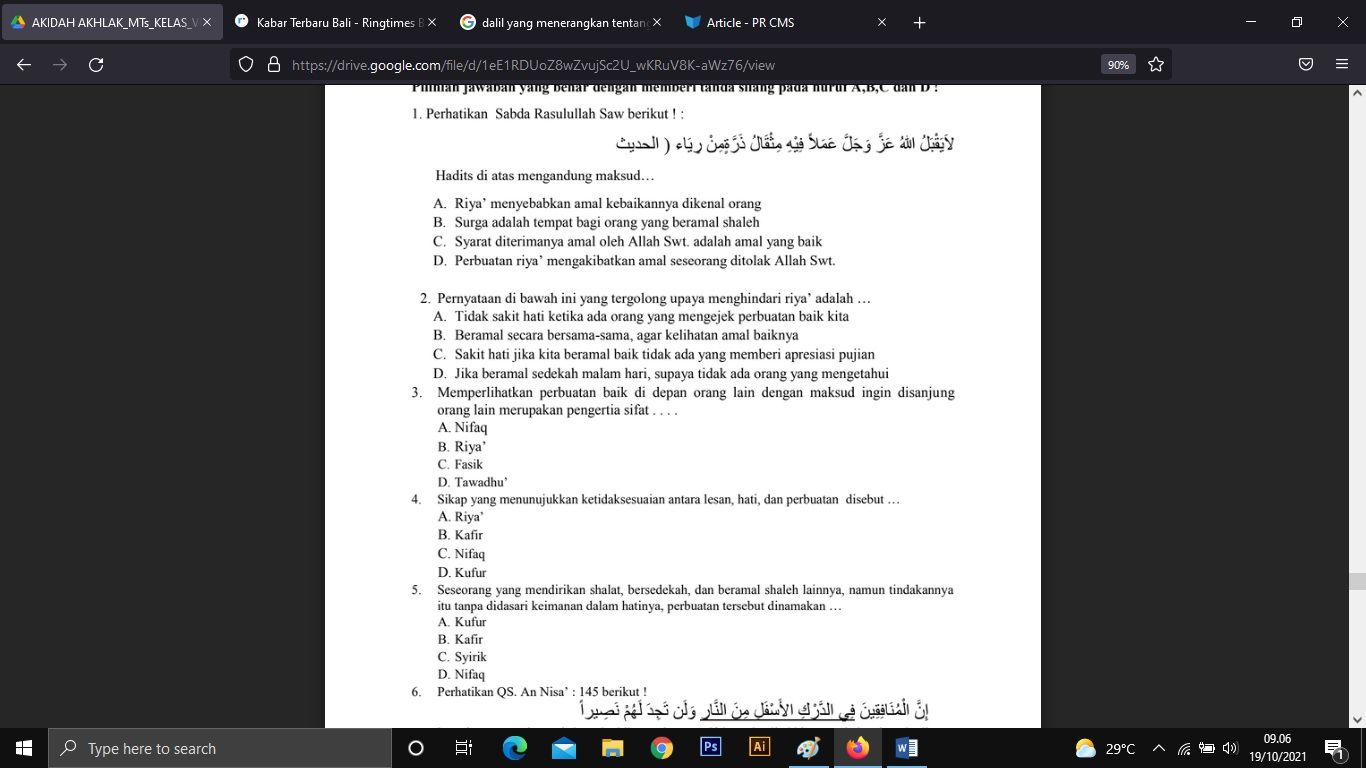 Soal bahasa Arab nomor 1 Akidah Akhlak kelas 7 MTs.