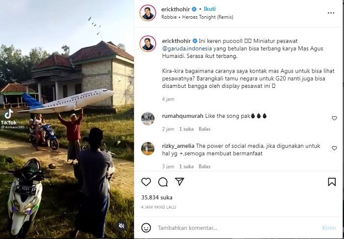 Unggahan Menteri BUMN Erick Thohir yang kagum dengan miniatur pesawat Garuda Indonesia karya anak bangsa yang betul-betul bisa terbang