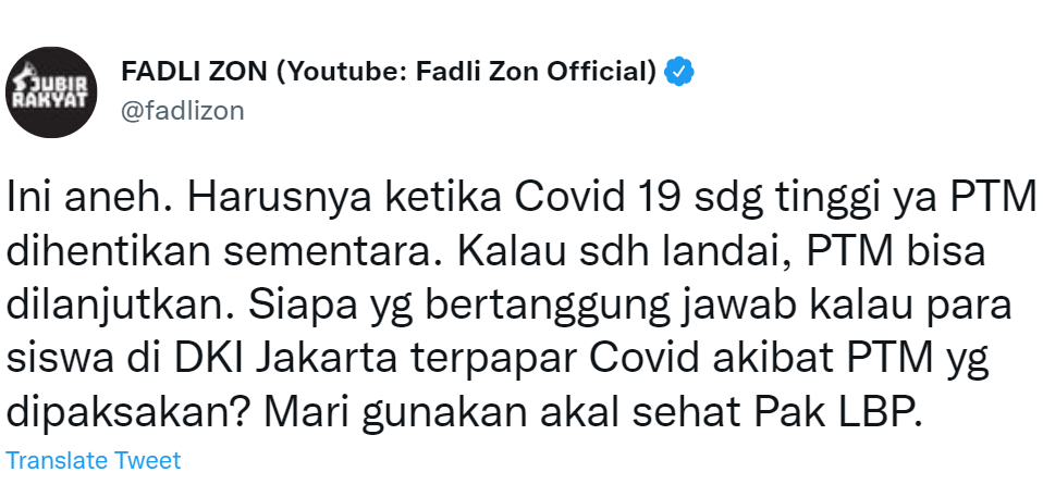 Cuitan Fadli Zon soal PTM di Jakarta.