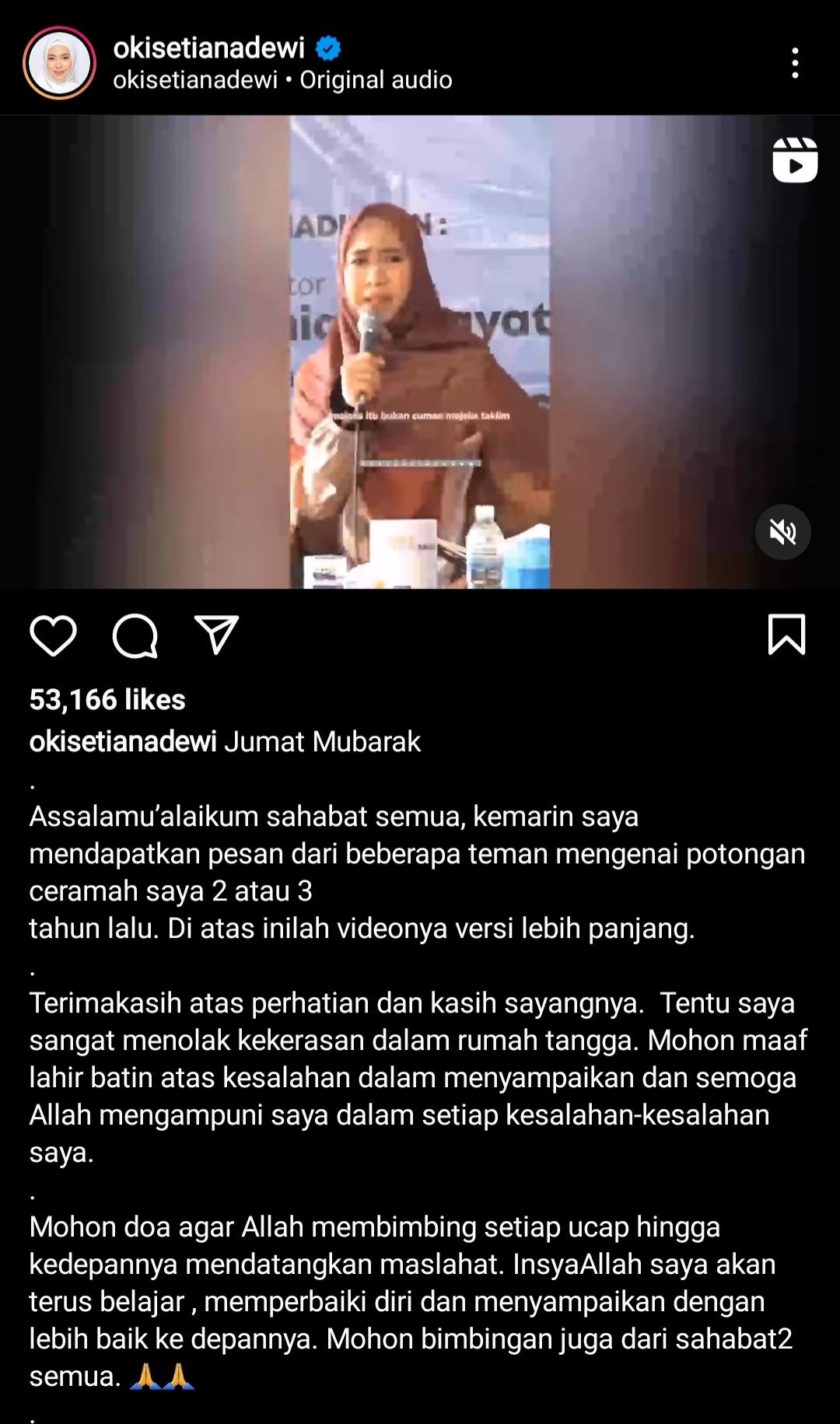 Permohonan maaf Oki Setiana Dewi/Tangkap layar ig @okisetianadewi