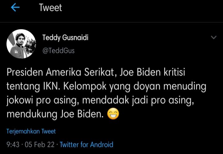 Cuitan Teddy Gusnadi tanggapi pemindahan IKN yang juga disoroti oleh Presiden AS, Joe Bidden