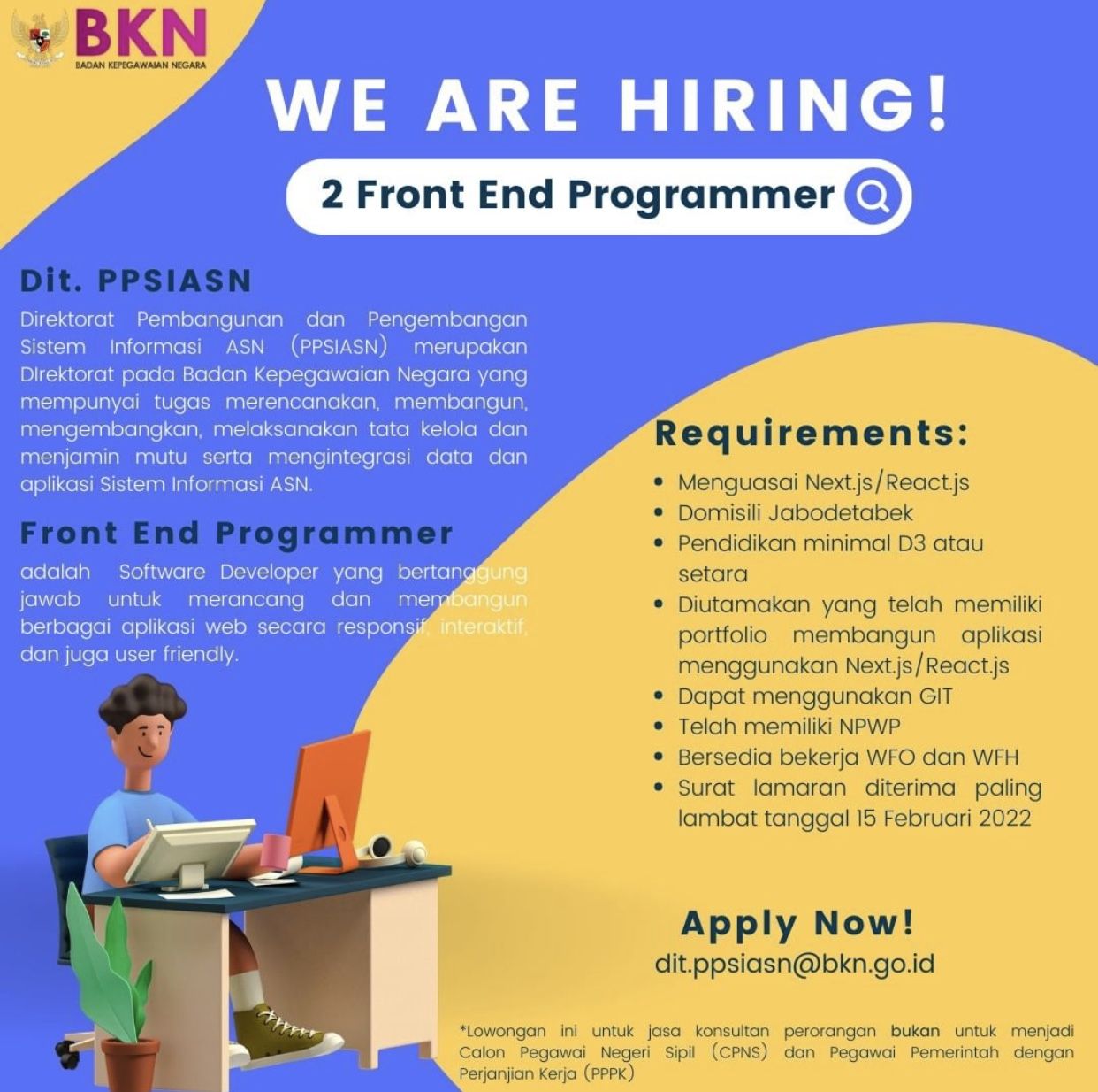 Lowongan Kerja BKN Mencari 2 Front End Programmer Deadline hingga 15 Februari 2022, Segera Kirim Lamaranmu - Gowapos