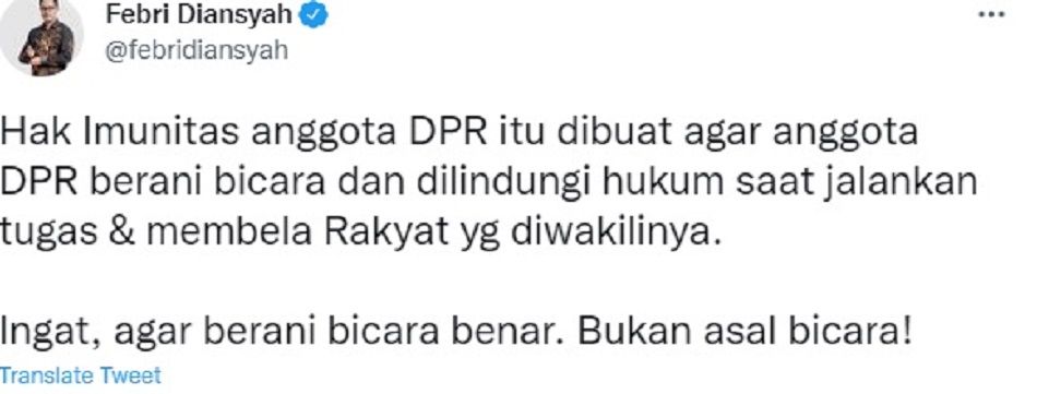 Cuitan Febri Diansyah soal hak imunitas DPR bukan untuk asbun seperti Arteria Dahlan.