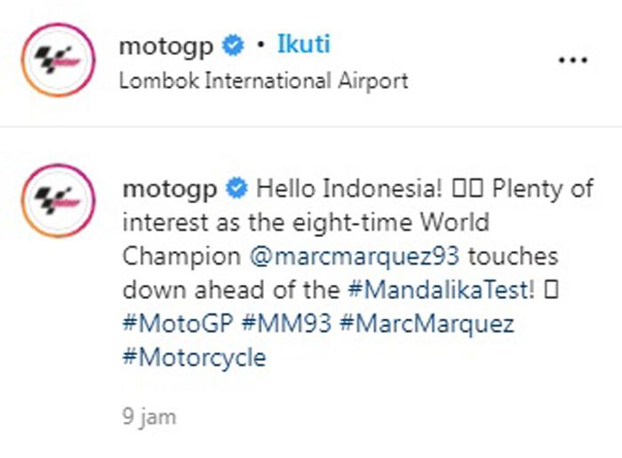 Akun Instagram Resmi MotoGP Ucapkan Selamat Datang untuk Marc Marquez yang Tiba di Lombok
