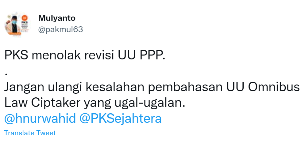 Cuitan Mulyanto menyuarakan penolakan revisi UU PPP.