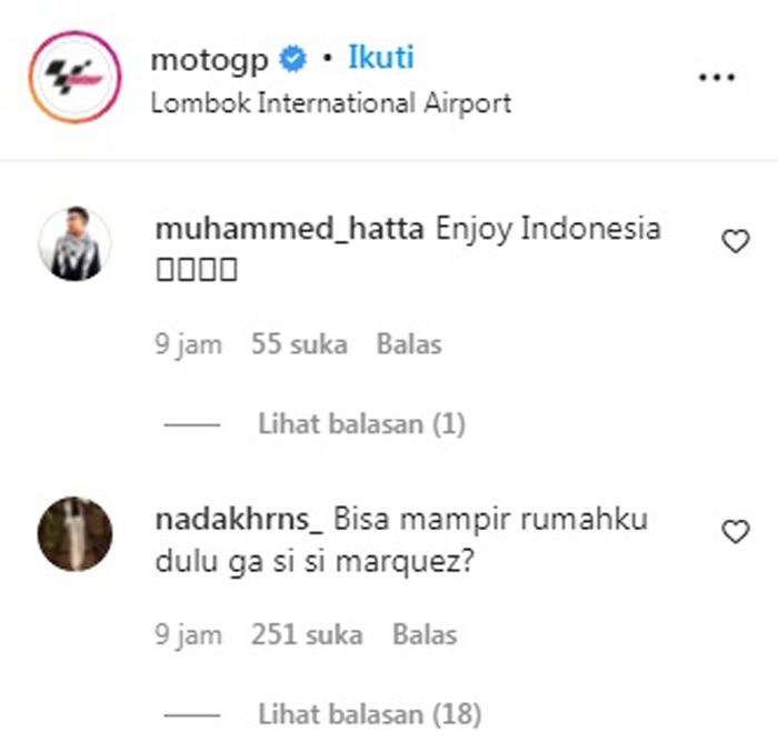 Netizen Antusiasi Sambut Marc Marquez yang Tiba di Lombok