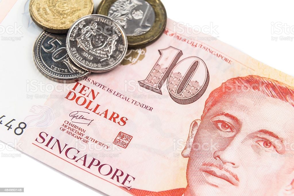 Close up on Singapore dollar currency notes and coins.