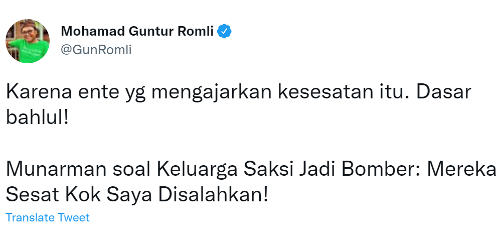 Komentar Guntur Romli merespons bantahan Munarman soal pengeboman.
