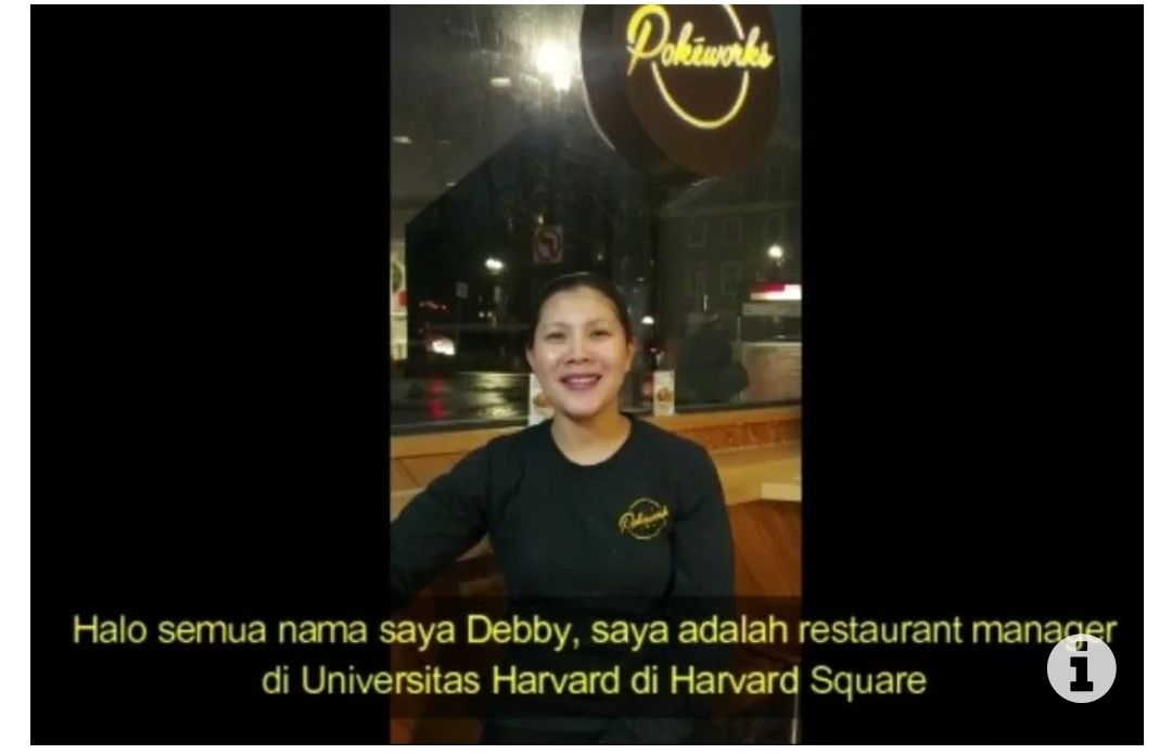 Tangkapan layar Debby, wanita asal Indonesia yang jadi manajer di restoran Pokeworks, Harvard University. (ANTARA/HO)