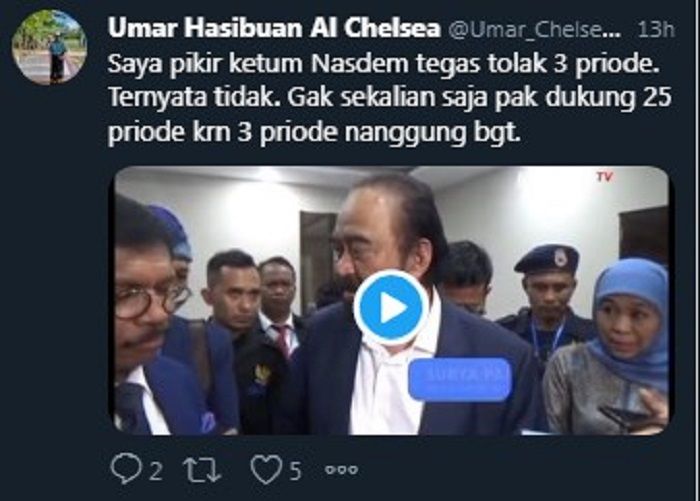Cuitan Gus Umar yang menanggapi pernyataan Surya Paloh terkait perpanjangan masa jabatan presiden menjadi 3 periode