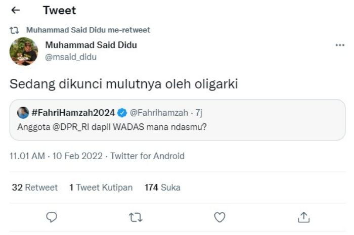 Said Didu membalas cuitan Fahri Hamzah.