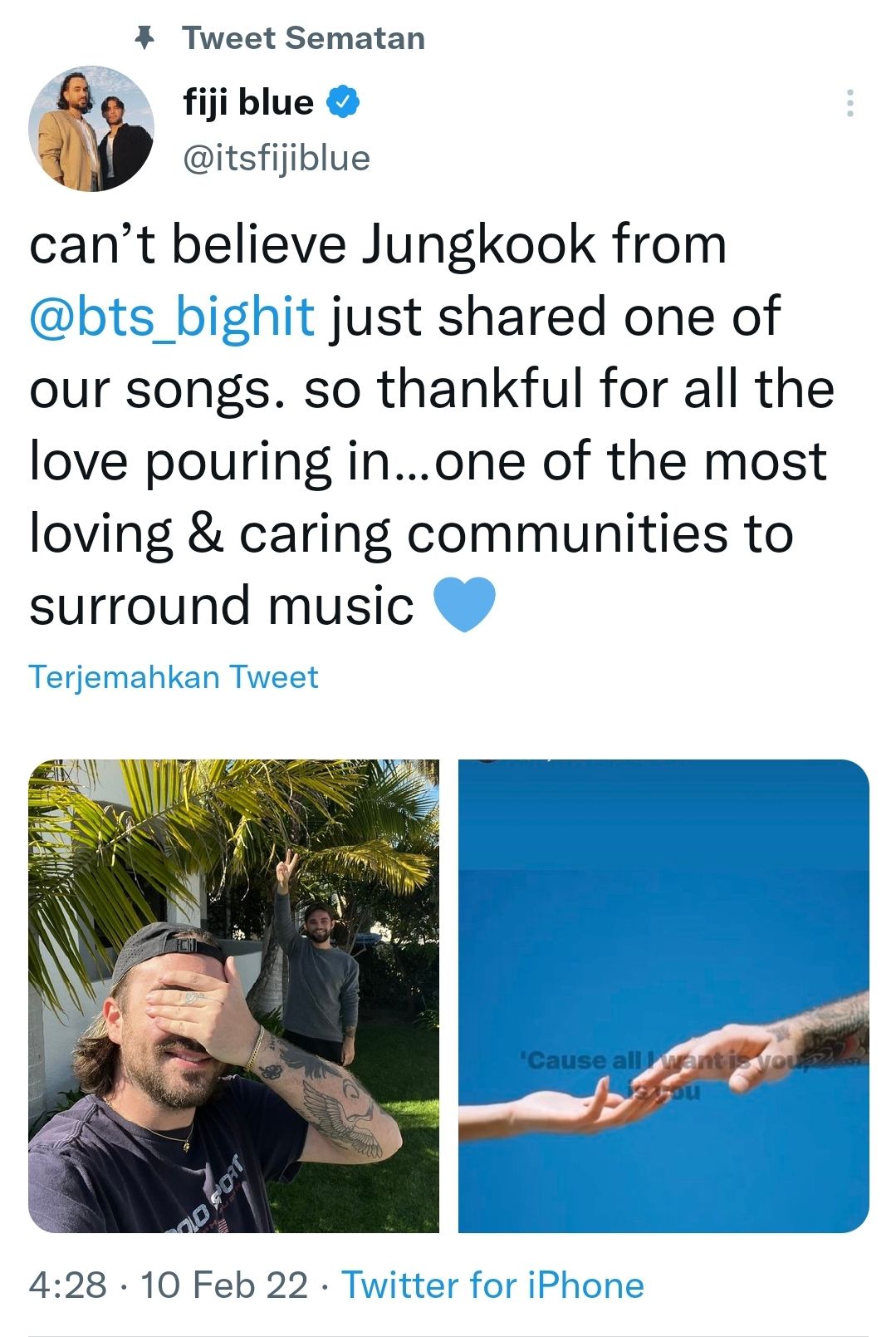 Postingan FIji Blue di Twitter mereka untuk berterima kasih kepada Jungkook BTS.