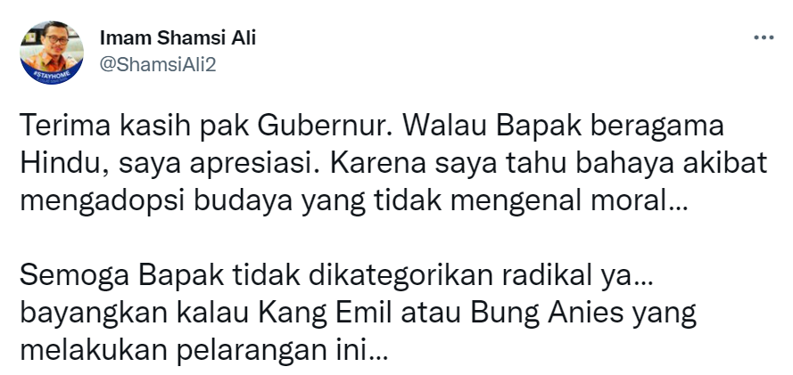 Cuitan Shamsi Ali soal Gubernur Bali I Wayan Koster mengimbau warganya tidak merayakan Hari Valentine.
