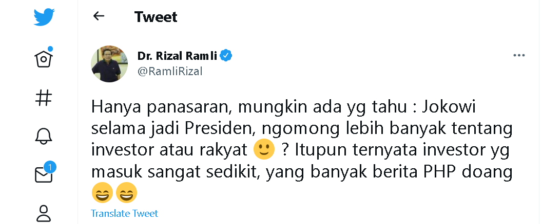 Cuitan Rizal Ramli terkait Presiden Joko Widodo (Jokowi).