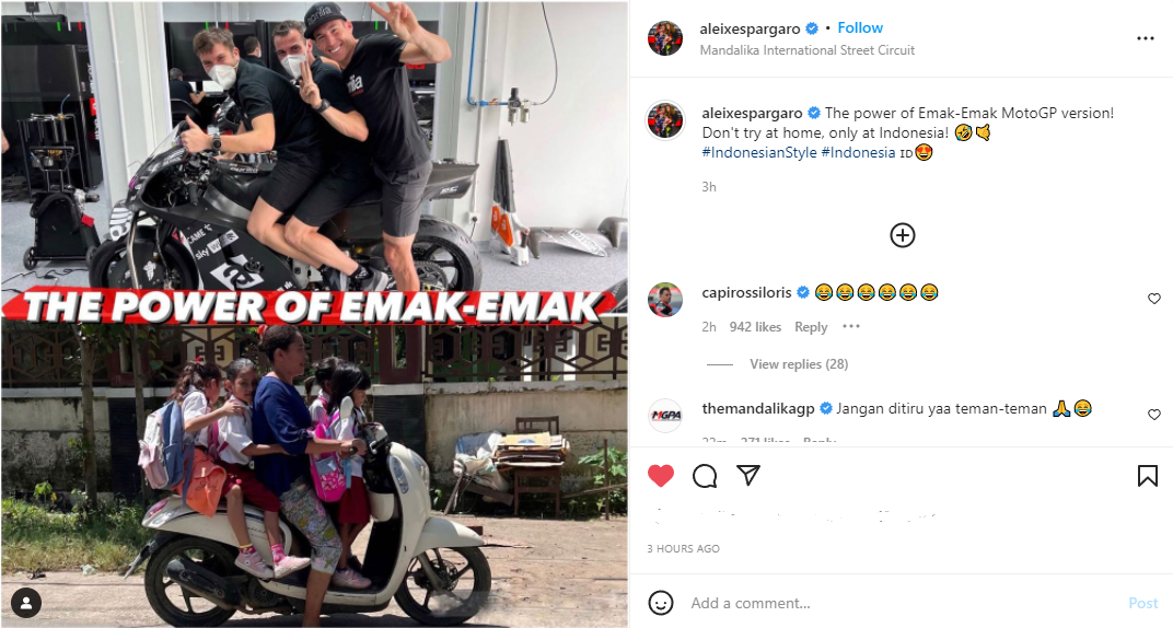 Pembalap MotoGP asal Spanyol, Aleix Espargaro mengunggah foto dirinya sedang membonceng 2 orang dan puji kekuatan emak-emak Indonesia.*