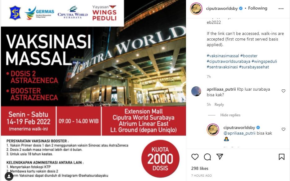 Info vaksin booster dan vaksin dosis 2 di mall Ciputra World Surabaya pada 14-19 Februari 2022.