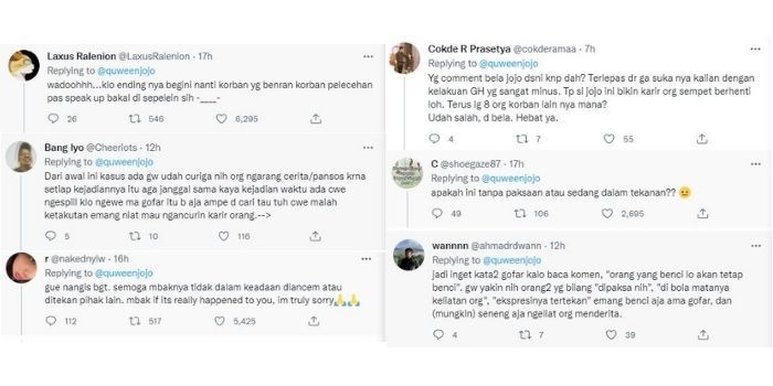 Berbagai macam respon netizen terkait klarifikasi pemilik akun @quweenjojo terkait dugaan kasus pelecehan seksual yang dilakukan Gofar Hilman.