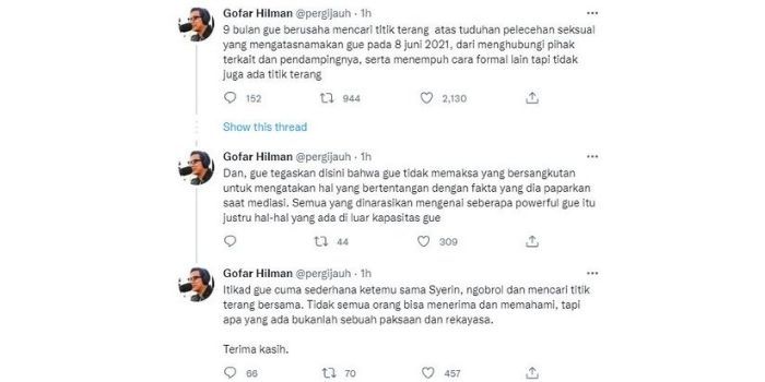 Gofar Hilman menanggapi video klarifikasi dari pemilik akun @quweenjojo, Syerin soal kasus dugaan pelecehan seksual.