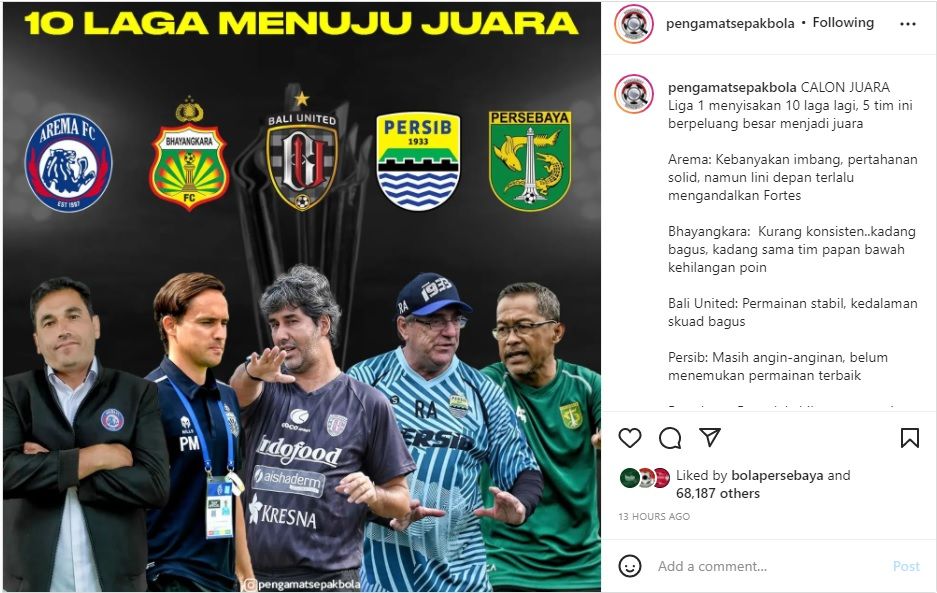 Lima tim bersaing untuk memperebutkan juara Liga 1. Selain Persebaya, ada Arema FC, Bhayangkara FC, Bali United dan Persib