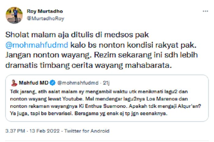 Roy Murtadho kritik Mahfud MD.