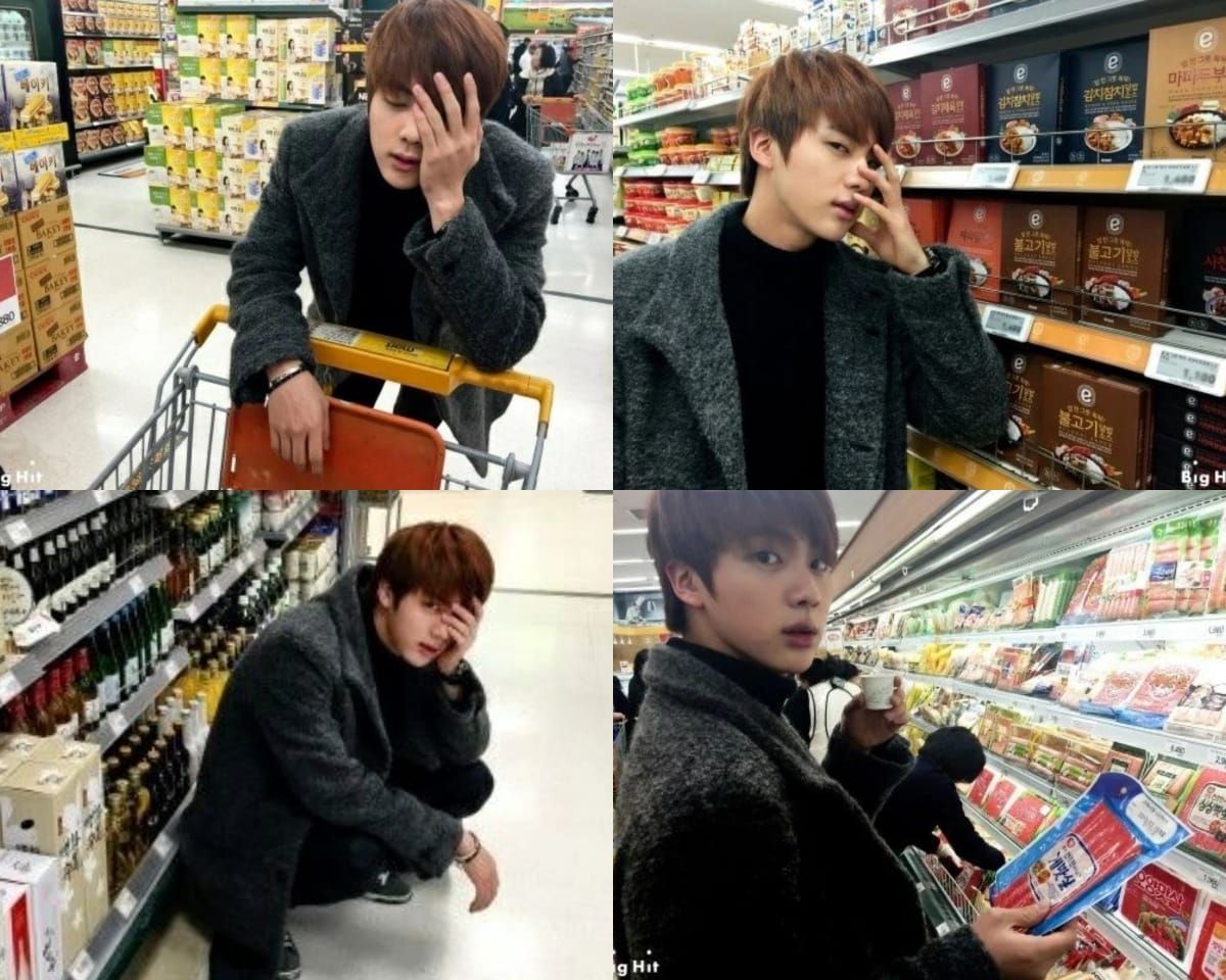 Jin BTS berpose ala model di supermarket