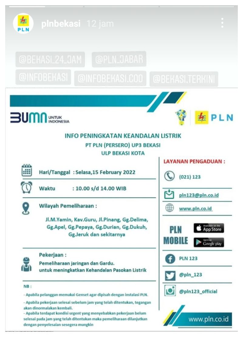 Informasi pemeliharaan listrik di Kota Bekasi.