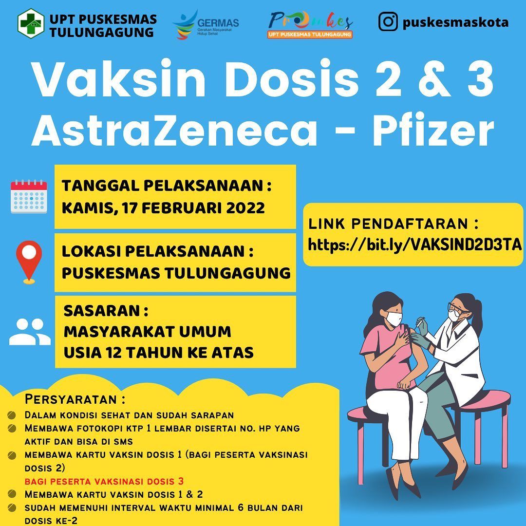 Info Vaksin di Puskesmas Tulungagung, Dosis 2 AstraZeneca dan Booster Pfizer, Kamis 17 Februari 2022