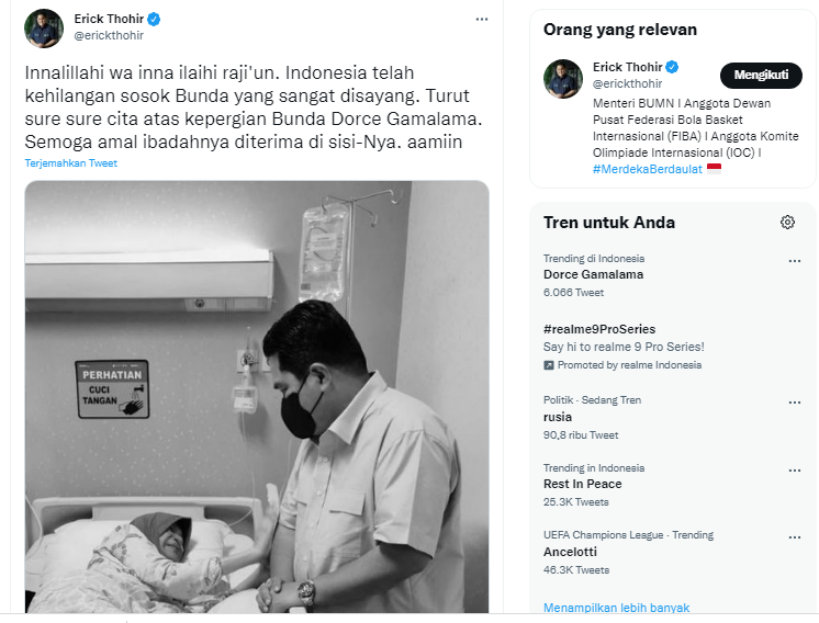 Dorce  Gamalama Meninggal Dunia, Erick Thohir: Indonesia Telah Kehilangan Sosok Bunda yang Sangat Disayang