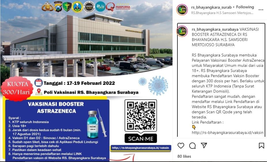 Jadwal vaksin booster AstraZeneca di RS Bhayangkara Surabaya