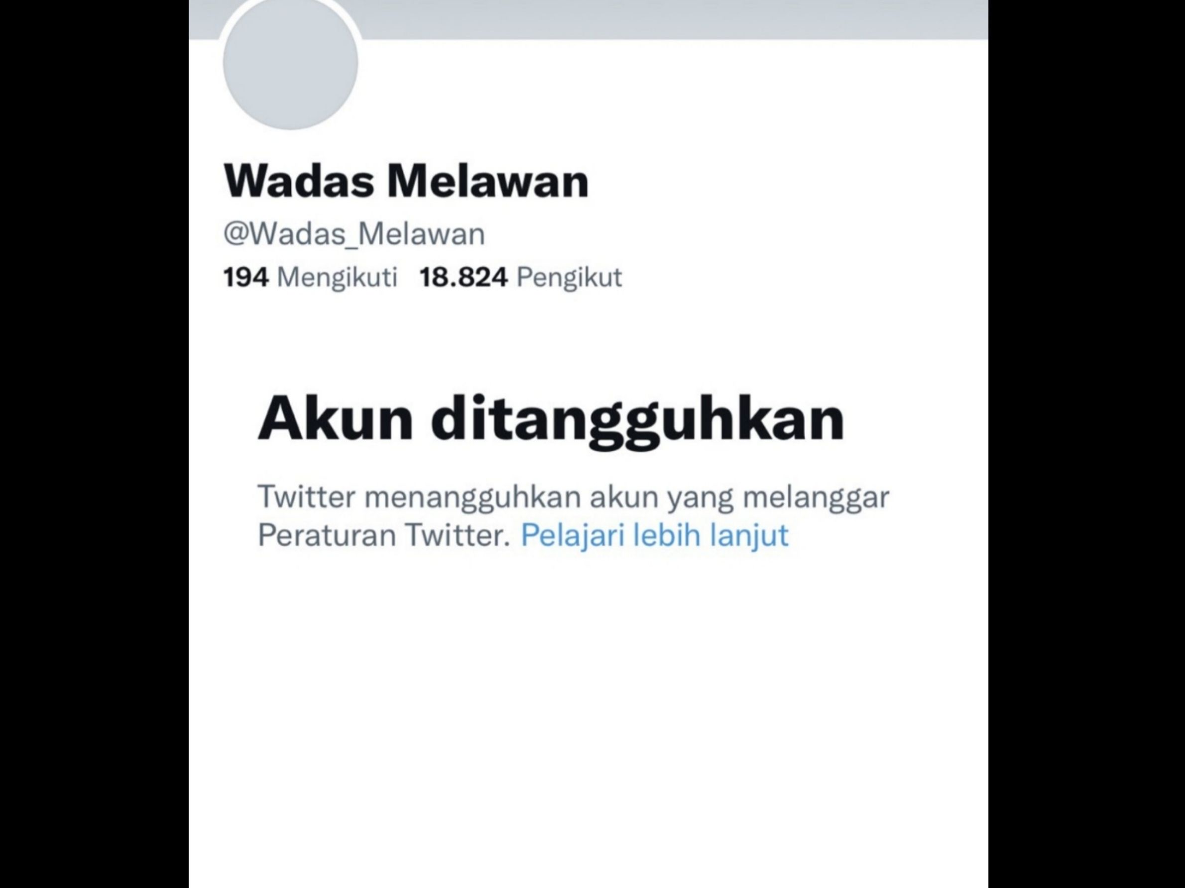 Akun Twitter 'Wadas Melawan' mendadak raib karena ditangguhkan.