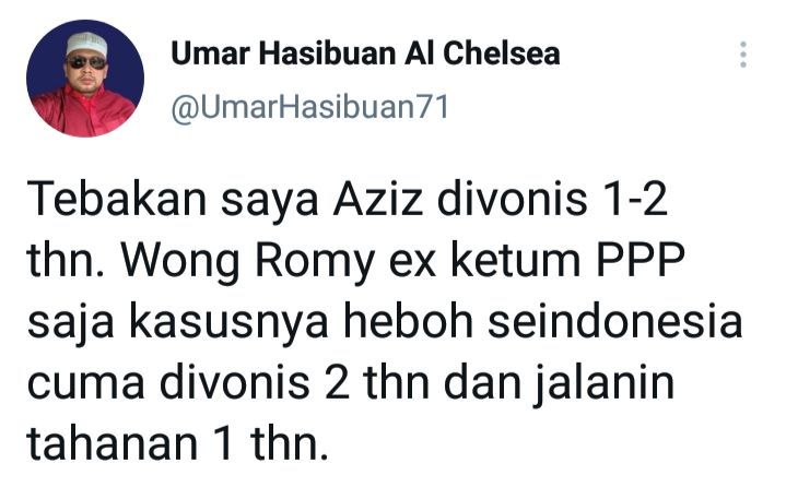 Cuitan Gus Umar mengomentari vonis Azis Syamsuddin.