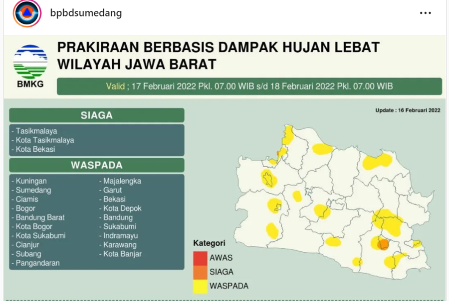 Peta kerawanan bencana di Jawa Barat dari BMKG untuk Kamis 17 februari 2022 dan 18 Februari 2022Jumat