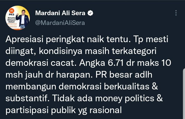 Cuitan Mardani Ali soal skor indeks demokrasi Indonesia alami kenaikan menjadi 6,71.
