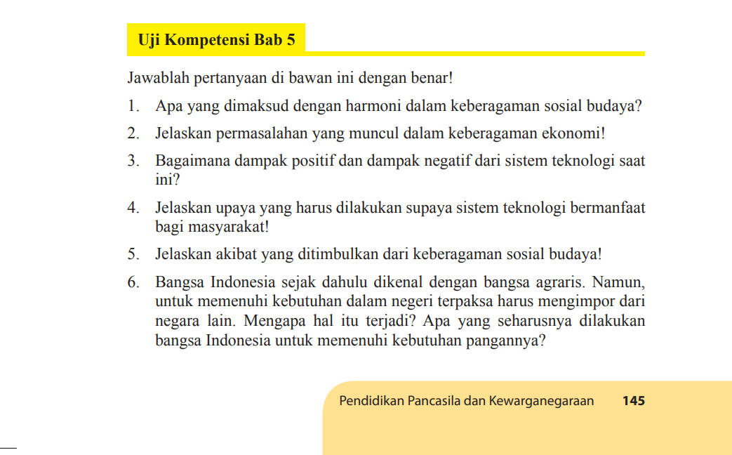 Kunci Jawaban PKN Kelas 9 Halaman 145-146 Uji Kompetensi Bab 5 Harmoni