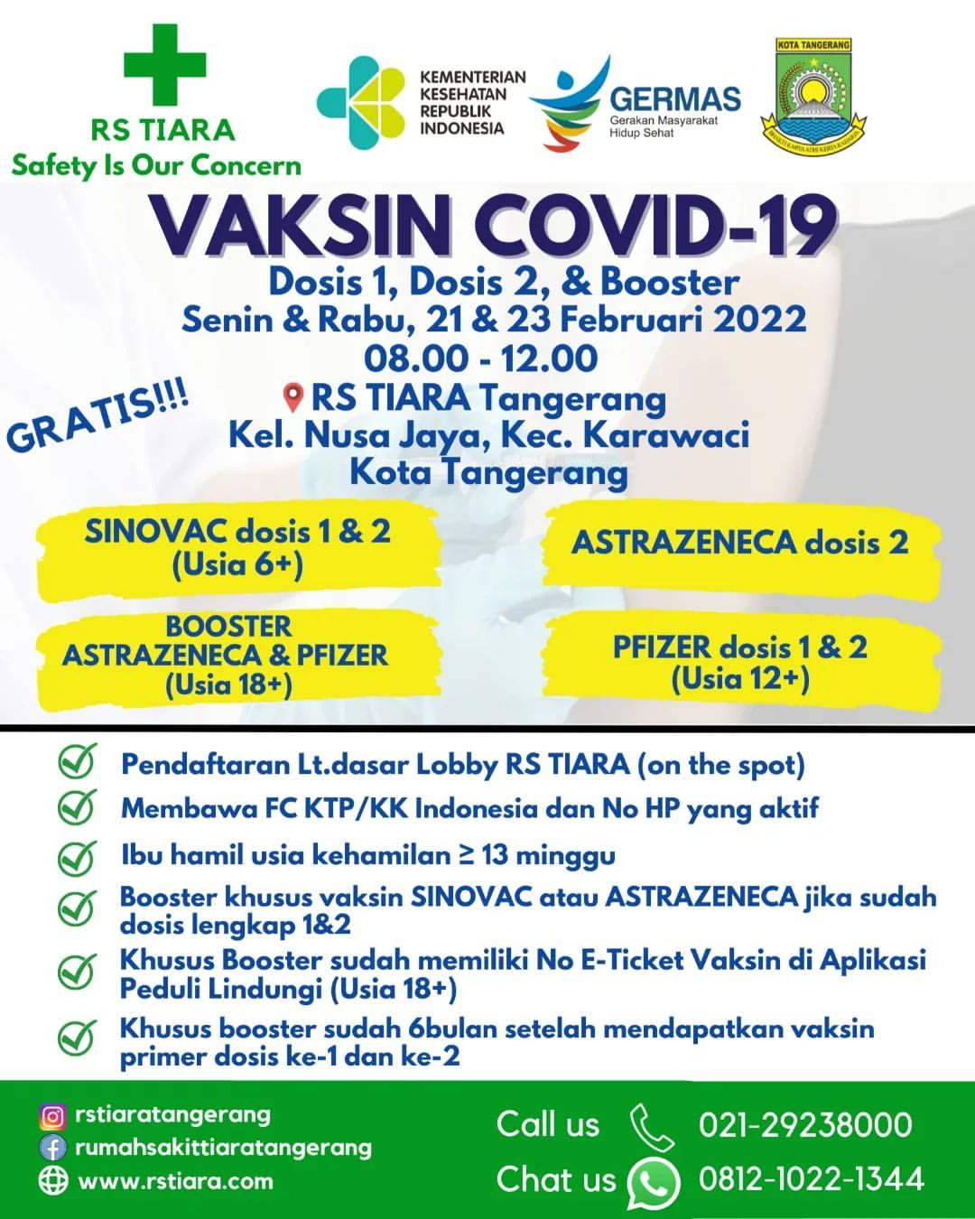 Info Vaksin Covid-19 di RS Tiara Karawaci Tangerang, Senin 21 dan Rabu 23 Februari 2022, Selengkapnya Cek Disini