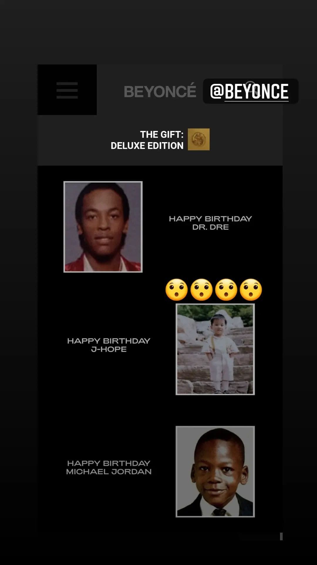 tangkapan layar Instagram Story J-Hope BTS yang memberikan reaksi terhadap ucapan selamat ulang tahun dari Beyonce