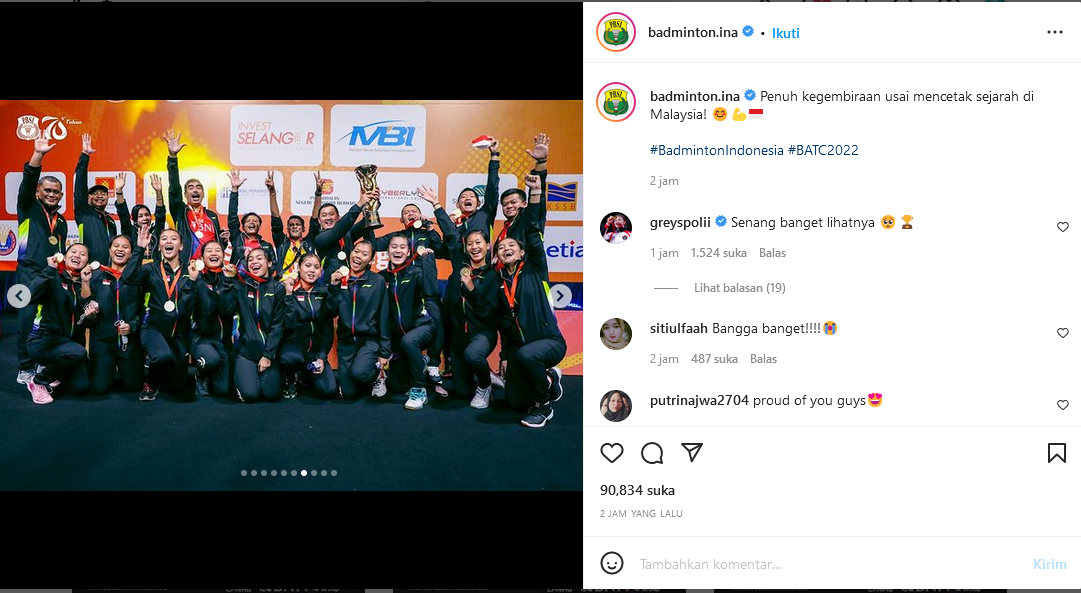 Unggahan kemenangan Tim Putri Indonesia Bulutangkis di Instagram resmi Badminton Indonesia