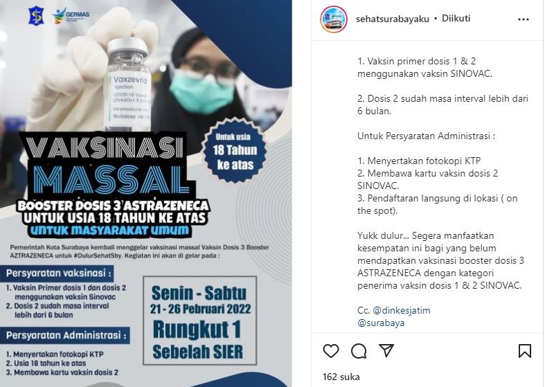 Info vaksin booster di Rungkut SIER Surabaya pada Senin-Sabtu, 21-26 Februari 2022