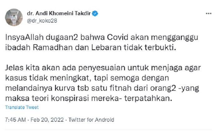 Dokter Koko yakin Covid-19 tidak akan menggangu ibadan Ramadhan dan Lebaran.